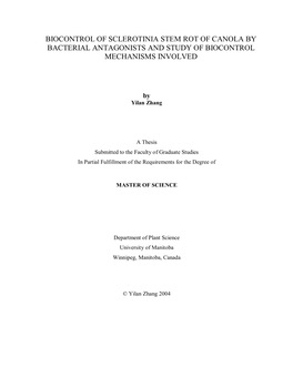 Biocontrol of Sclerotinia Stem Rot of Canola by Bacterial Antagonists and Study of Biocontrol Mechanisms Involved
