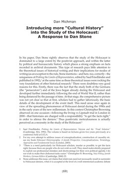 Cultural History” Into the Study of the Holocaust: a Response to Dan Stone
