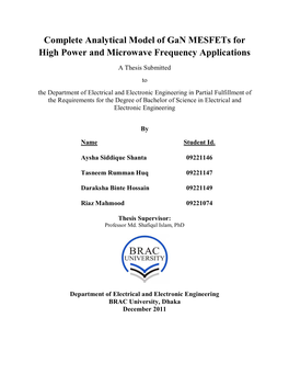 Complete Analytical Model of Gan Mesfets for High Power and Microwave Frequency Applications