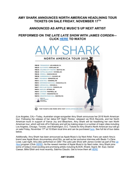 Amy Shark Announces North American Headlining Tour Tickets on Sale Friday, November 17Th