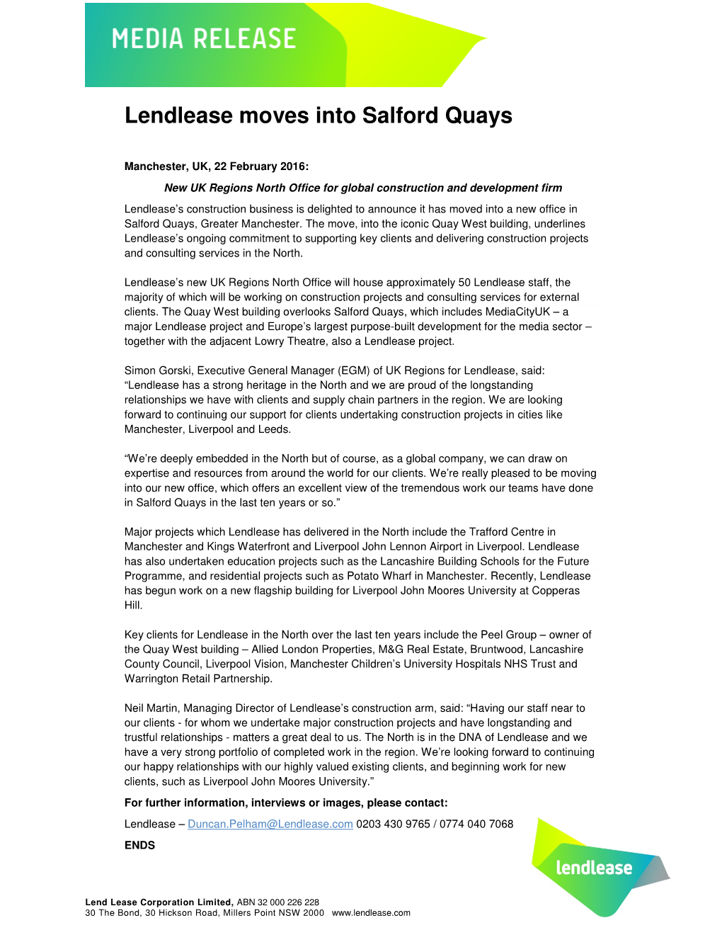 Lendlease Moves Into Salford Quays