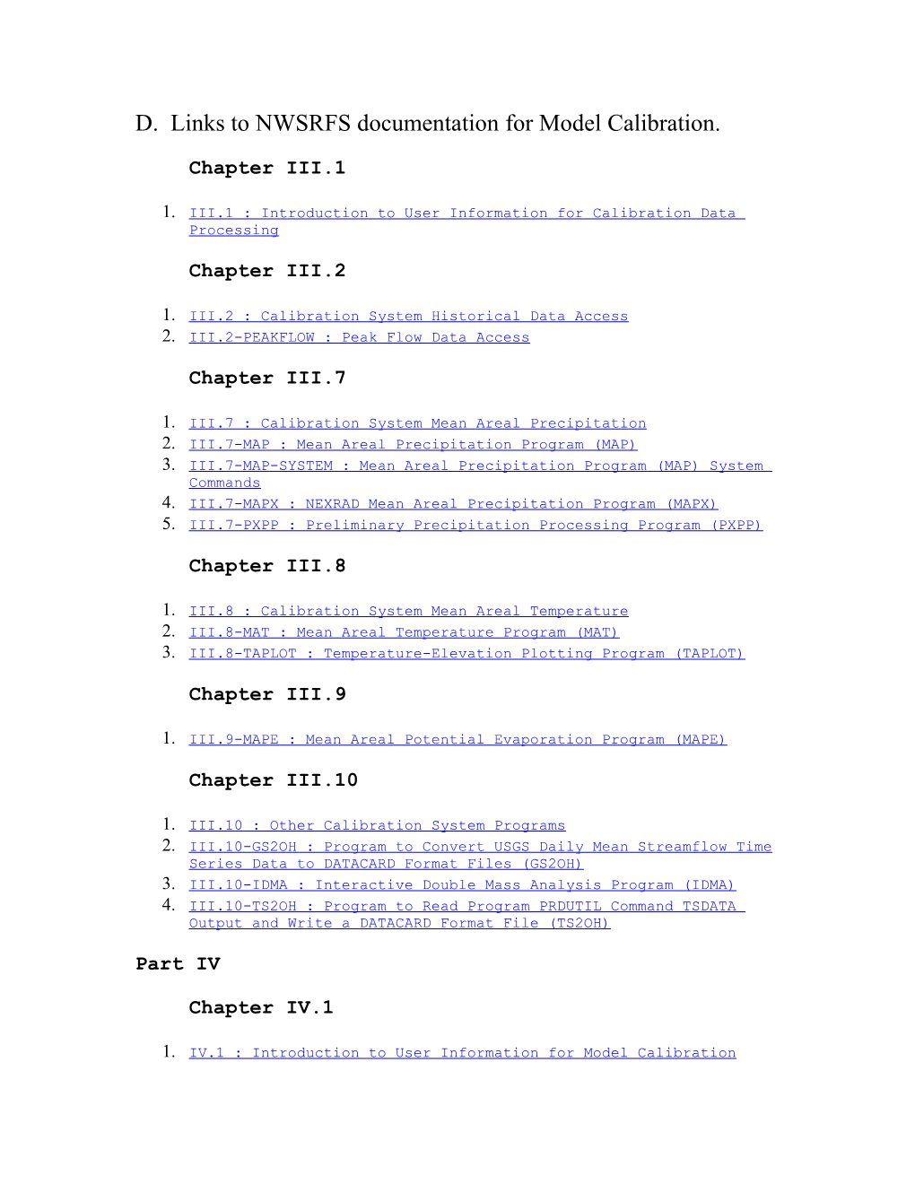 D. Links to NWSRFS Documentation for Model Calibration