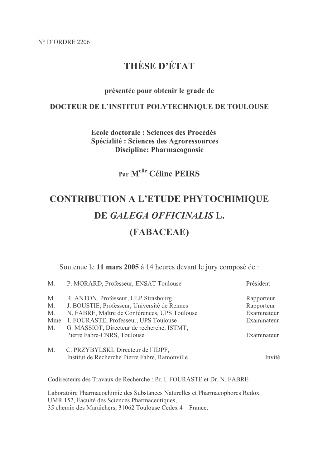 Contribution À L'étude Phytochimique De Galega Officinalis L. (Fabaceae)