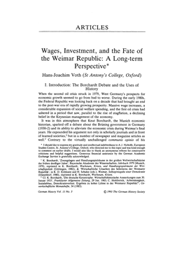 Wages, Investment and the Fate of the Weimar Republic: a Long-Term Perspective