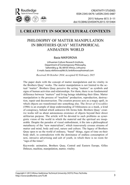 I. CREATIVITY in SOCIOCULTURAL CONTEXTS Philosophy of Matter