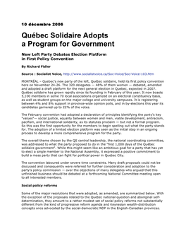 Québec Solidaire Adopts a Program for Government