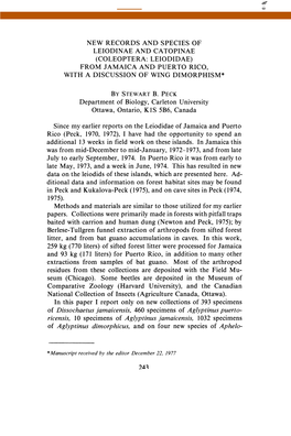 Coleoptera: Leiodidae) from Jamaica and Puerto Rico, with a Discussion of Wing Dimorphism*