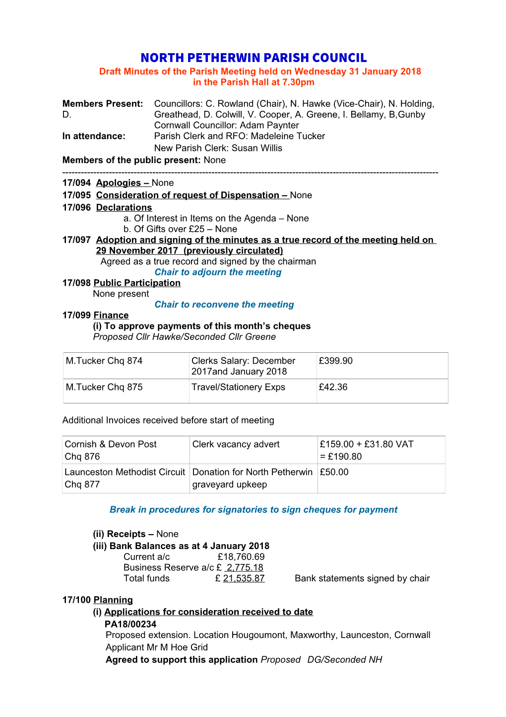 NORTH PETHERWIN PARISH COUNCIL Draft Minutes of the Parish Meeting Held on Wednesday 31 January 2018 in the Parish Hall at 7.30Pm