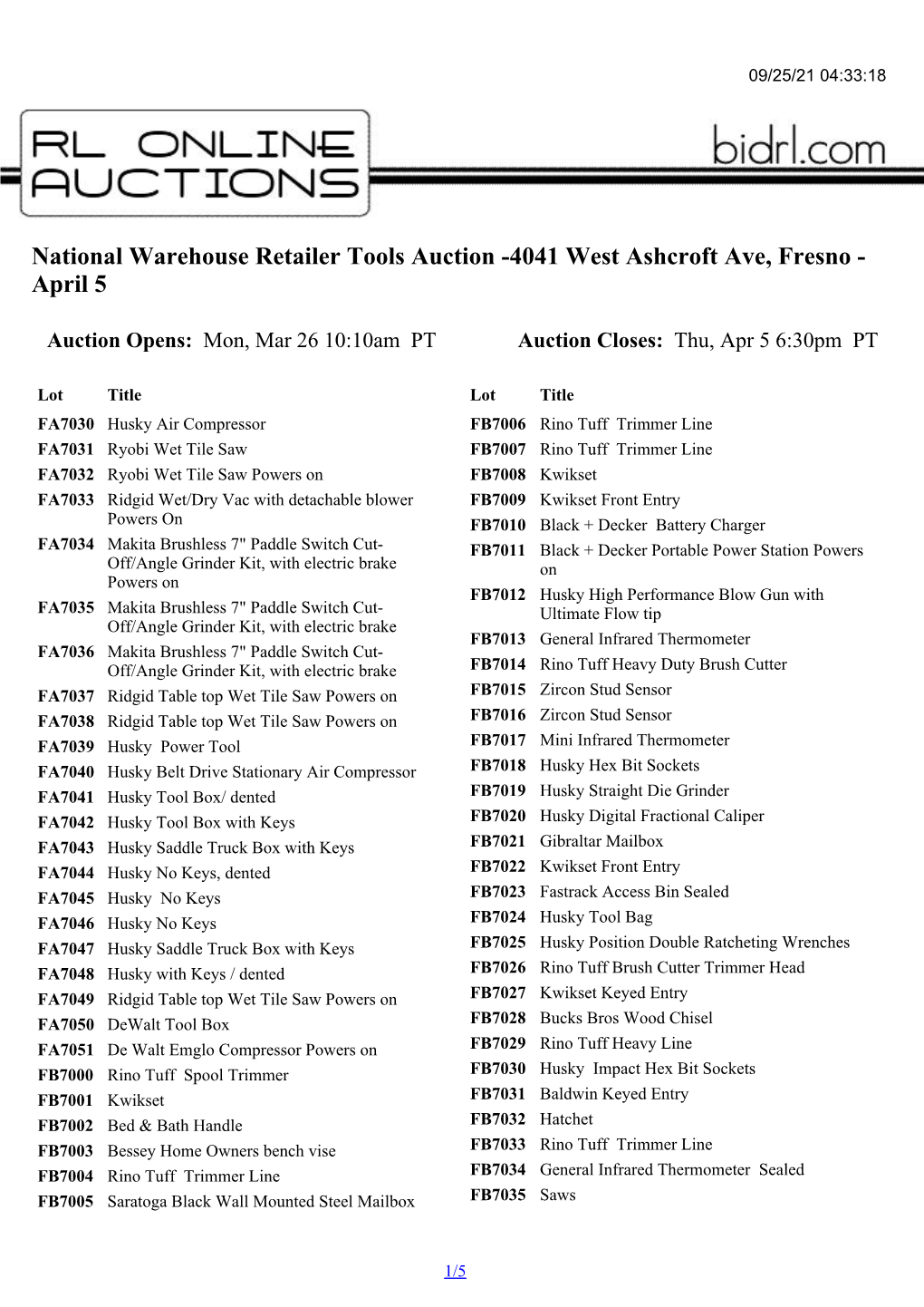 National Warehouse Retailer Tools Auction -4041 West Ashcroft Ave, Fresno - April 5