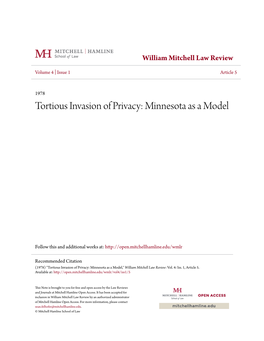 Tortious Invasion of Privacy: Minnesota As a Model