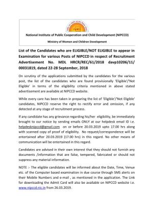 List of Eligible/ Not Eligible Candidate for the Different Categories of Posts