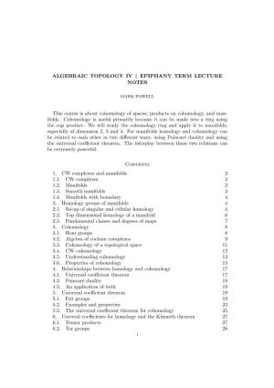 Algebraic Topology Iv Epiphany Term Lecture