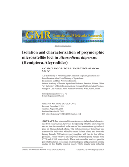 Isolation and Characterization of Polymorphic Microsatellite Loci in Aleurodicus Dispersus (Hemiptera, Aleyrodidae)