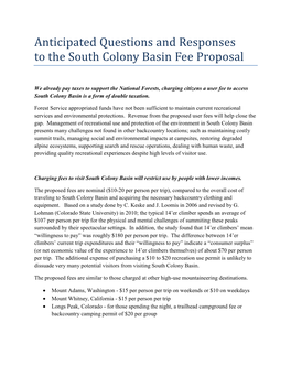 Anticipated Questions and Responses to the South Colony Basin Fee Proposal