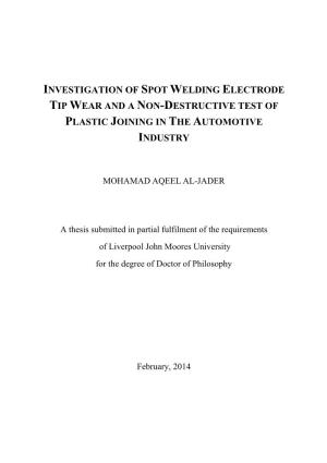 Investigation of Spot Welding Electrode Tip Wear and a Non-Destructive Test of Plastic Joining in the Automotive Industry
