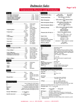 Dultmeier Sales Page 1 of 2 Conversion Factors and Formulas