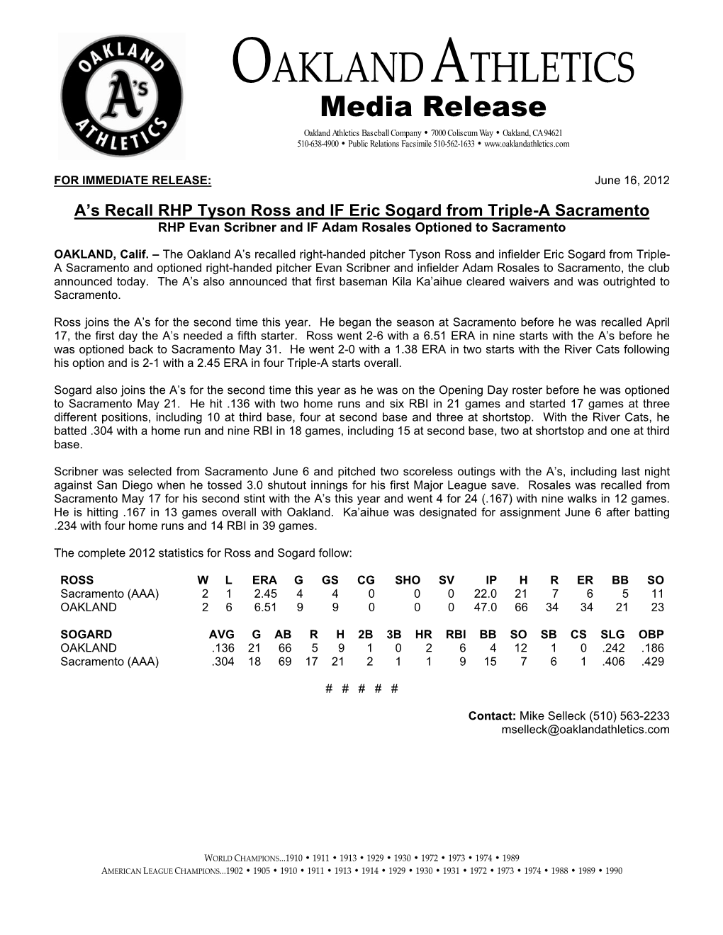 06-16-2012 Athletics Recall RHP Tyson Ross and IF Eric Sogard