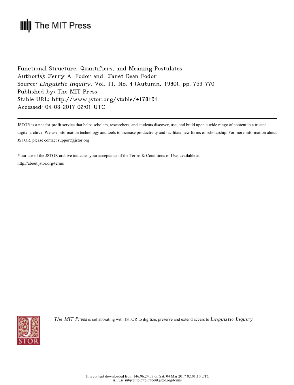 Functional Structure, Quantifiers, and Meaning Postulates Author(S): Jerry A