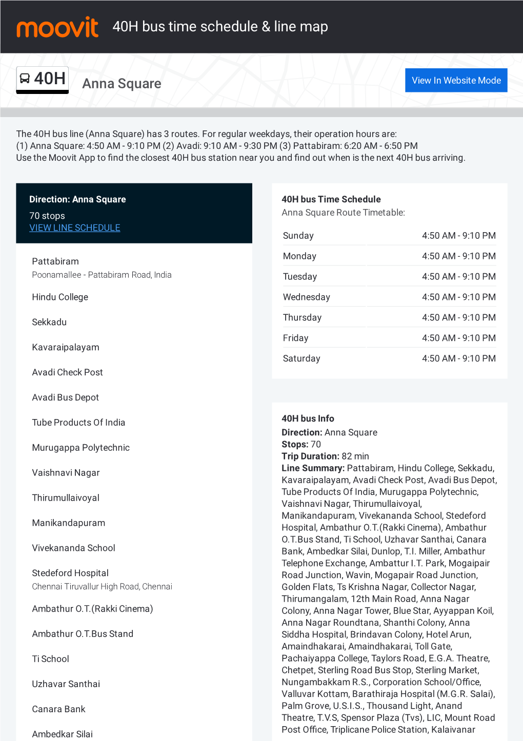 40H Bus Time Schedule & Line Route