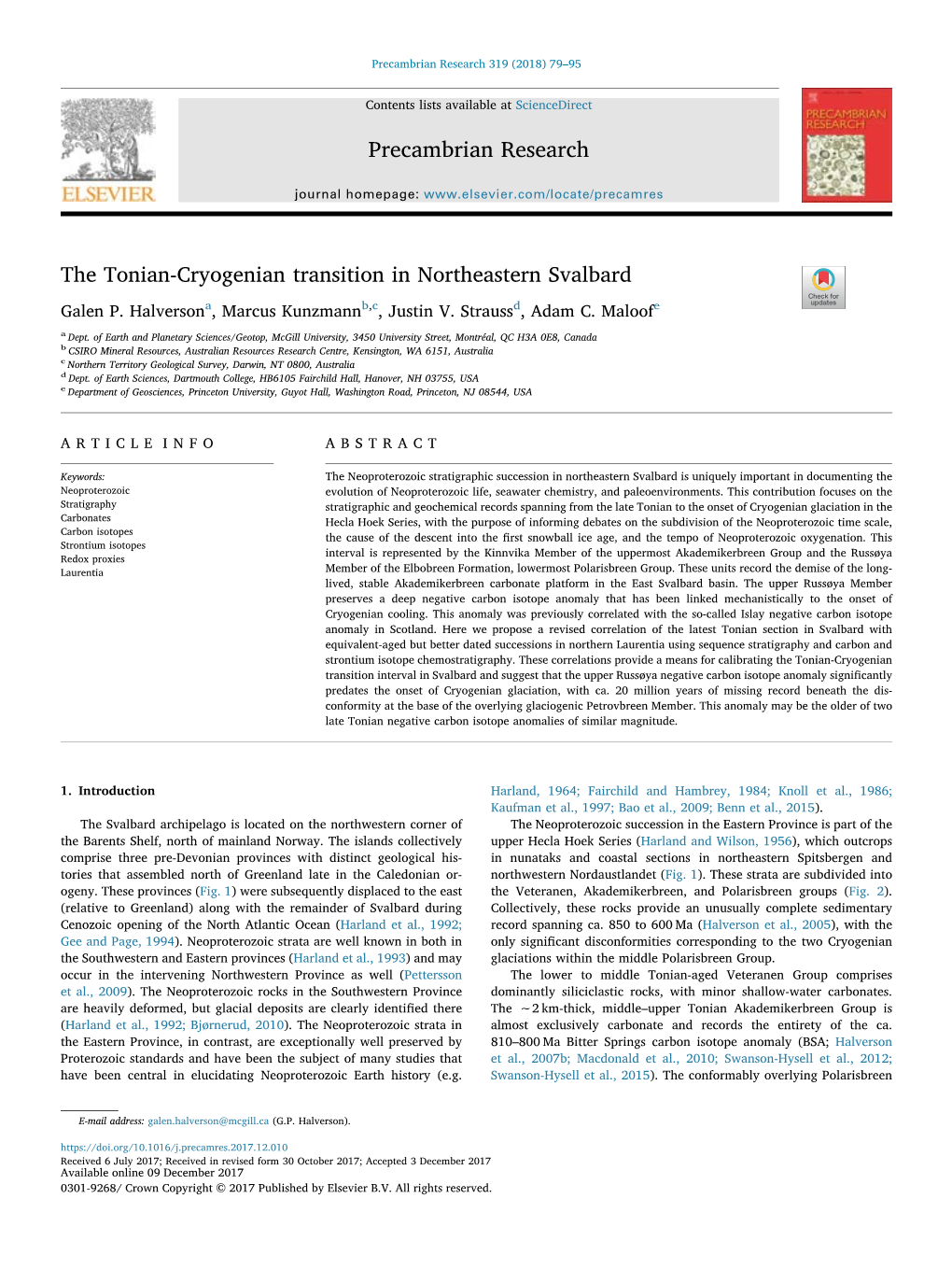 The Tonian-Cryogenian Transition in Northeastern Svalbard T Galen P