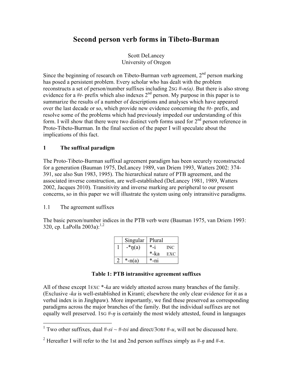 Second Person Verb Forms in Tibeto-Burman