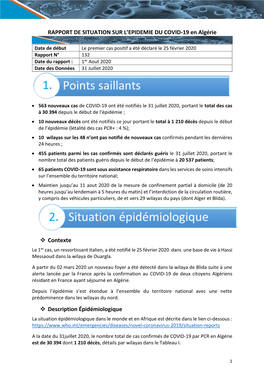 RAPPORT DE SITUATION SUR L'epidemie DU COVID-19 En Algérie Contexte Description Épidémiologique
