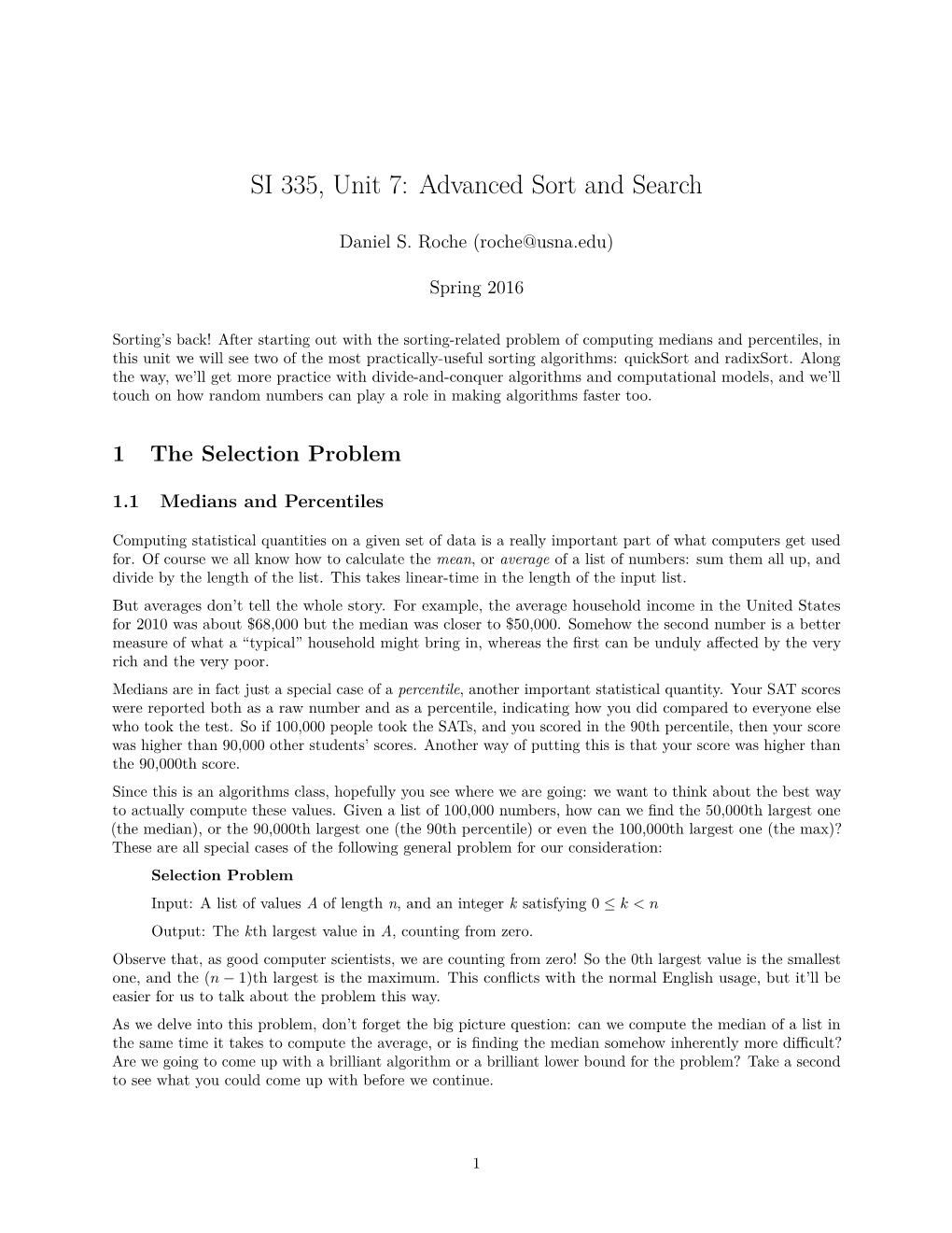 SI 335, Unit 7: Advanced Sort and Search