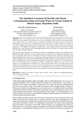 The Statistical Assesment of Fluoride and Nitrate Contamination Status of Ground Water in Various Tehsils of District Jaipur, Rajasthan, India
