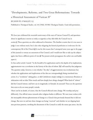 “Developments, Reforms, and Two Great Reformations: Towards a Historical Assessment of Vatican II”