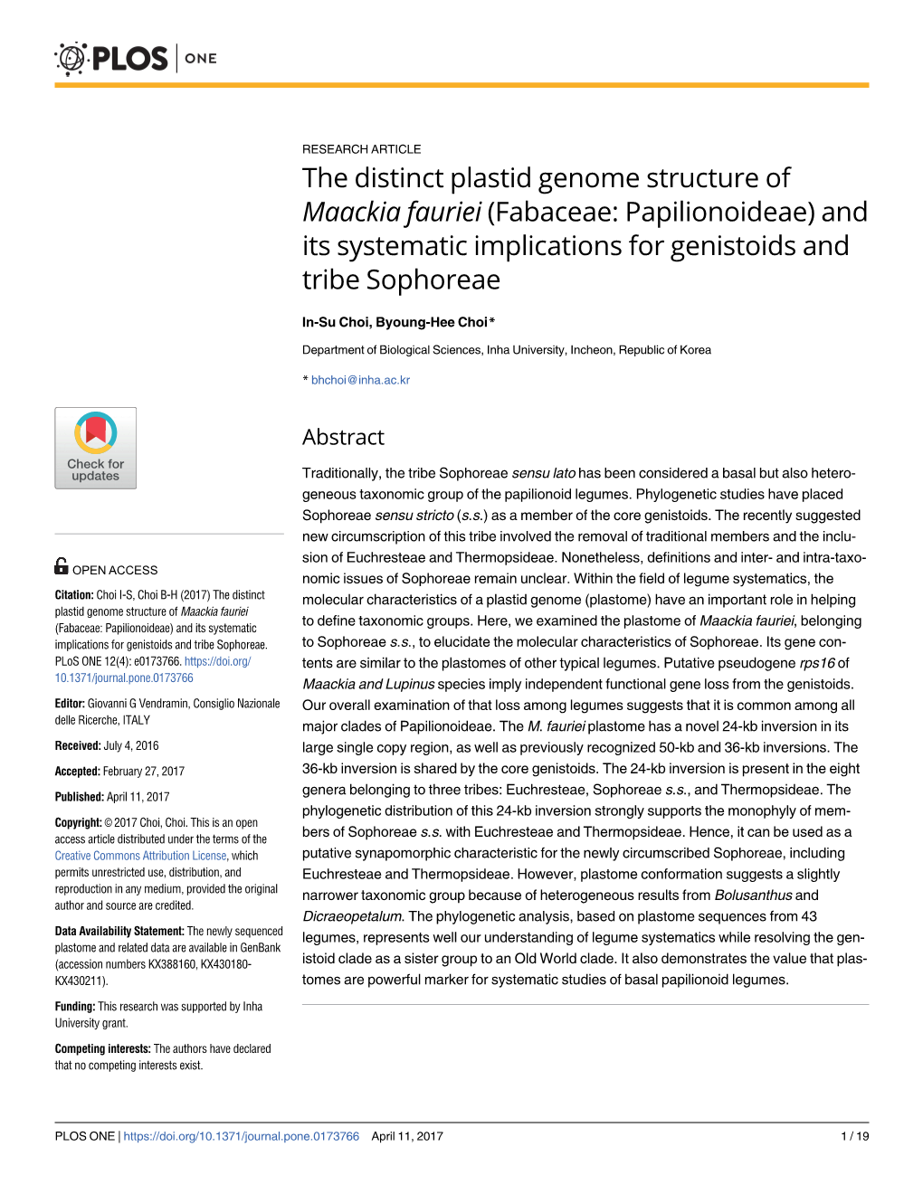 The Distinct Plastid Genome Structure of Maackia Fauriei (Fabaceae: Papilionoideae) and Its Systematic Implications for Genistoids and Tribe Sophoreae