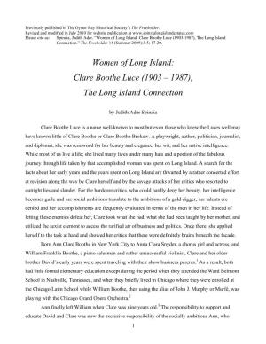 Clare Boothe Luce (1903-1987), the Long Island Connection.” the Freeholder 14 (Summer 2009):3-5; 17-20
