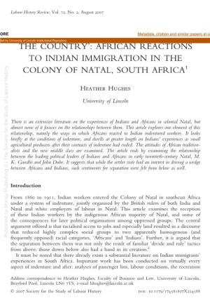 African Reactions to Indian Immigration in the Colony Of