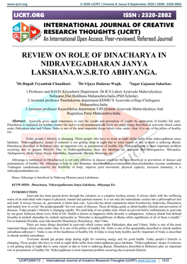 Review on Role of Dinacharya in Nidravegadharan Janya Lakshana.W.S.R.To Abhyanga