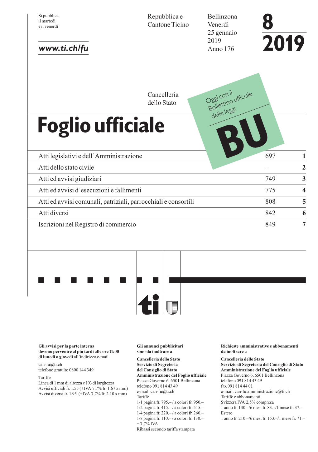 Foglio Ufficiale 8/2019 Del 25.1.2019