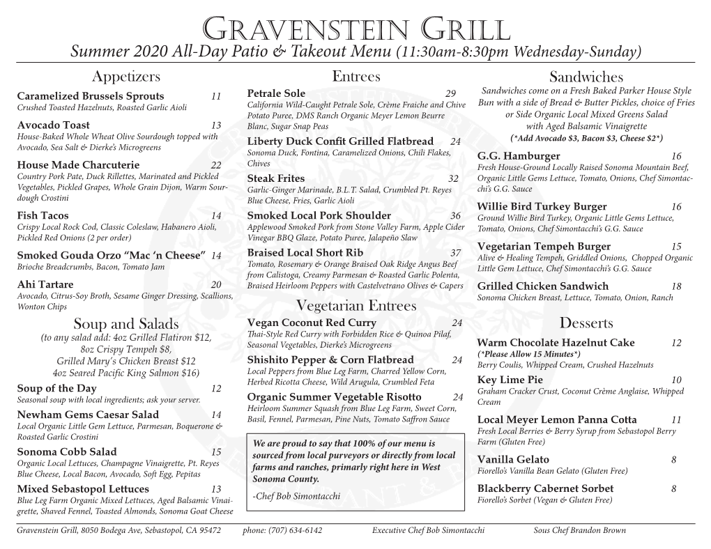 Summer 2020 All-Day Patio & Takeout Menu