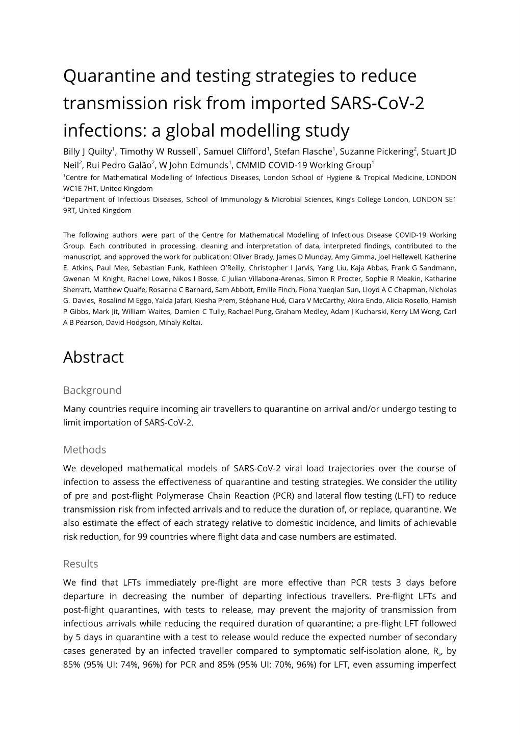 Quarantine and Testing Strategies to Reduce the Risk of Transmission from Imported SARS-Cov-2 Infections: a Global Modelling