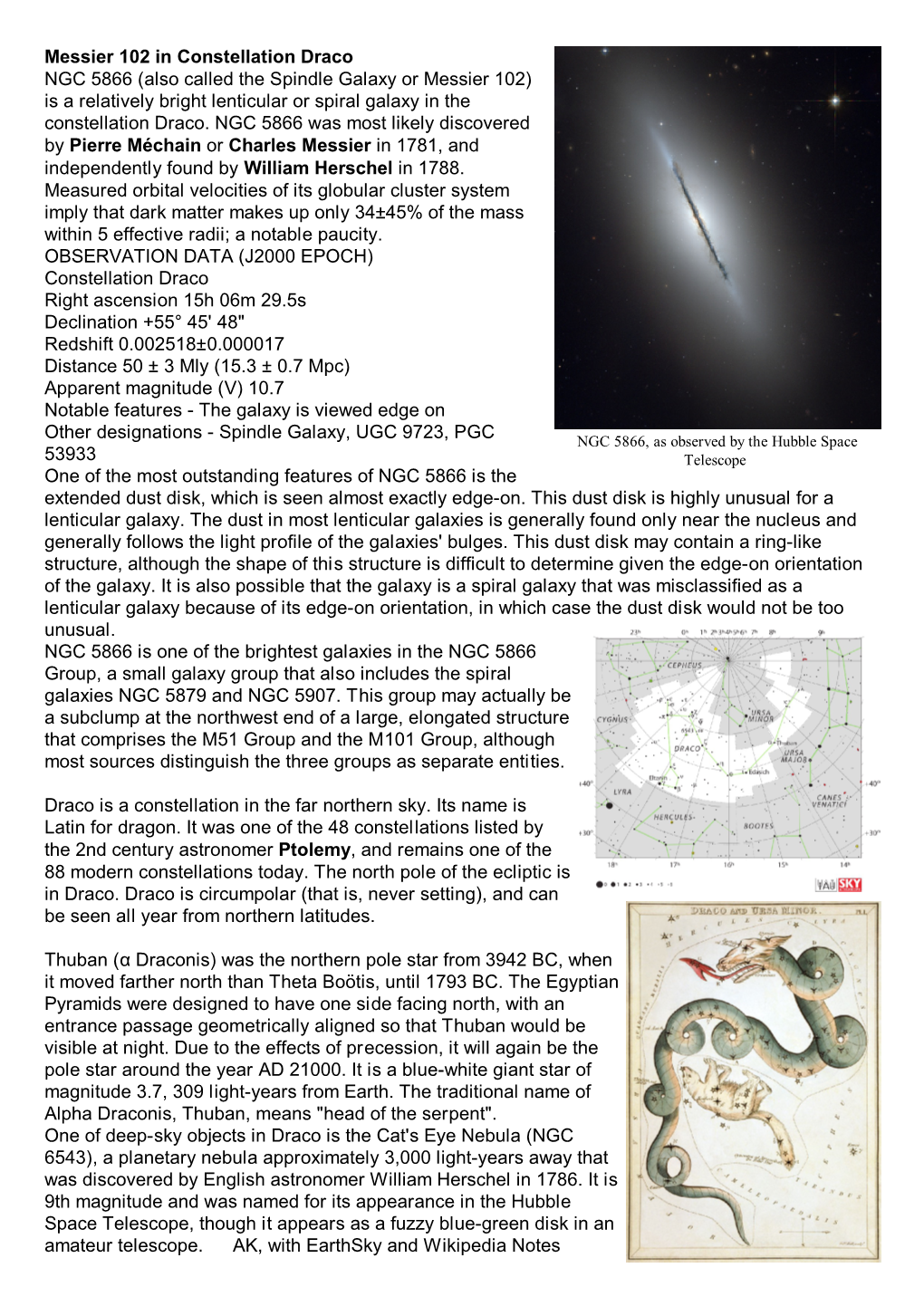 Messier 102 in Constellation Draco NGC 5866 (Also Called the Spindle