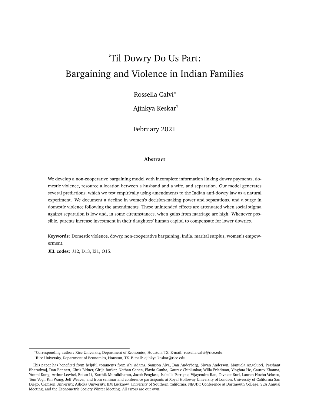 'Til Dowry Do Us Part: Bargaining and Violence in Indian Families