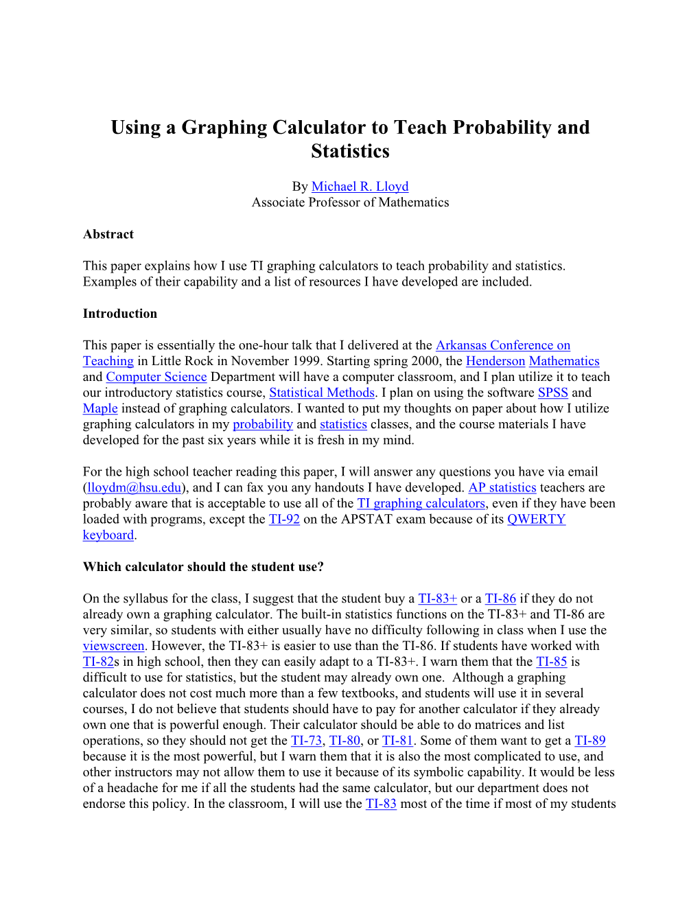 Using a Graphing Calculator to Teach Probability and Statistics