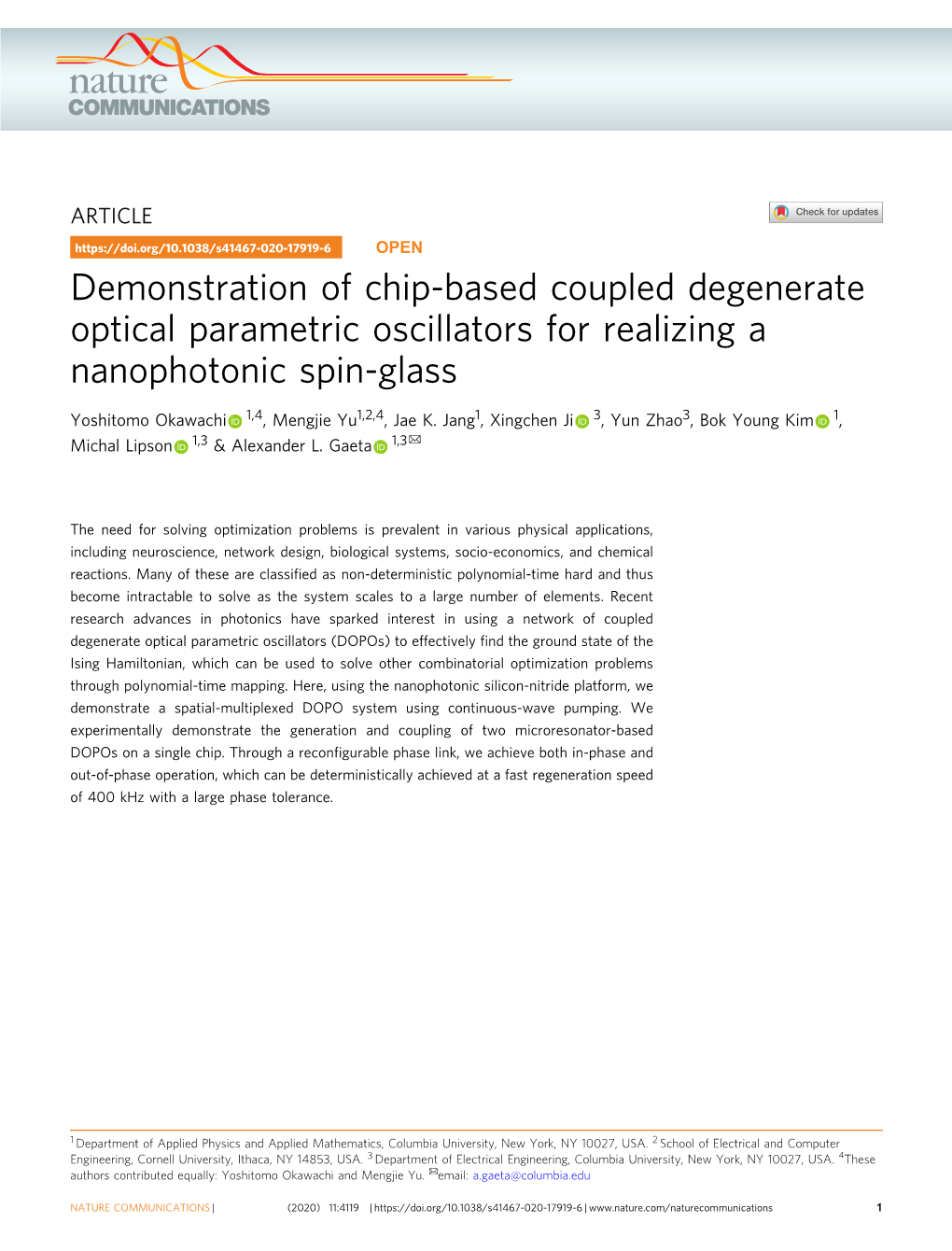 Demonstration of Chip-Based Coupled Degenerate Optical Parametric Oscillators for Realizing a Nanophotonic Spin-Glass