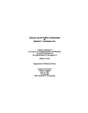 Nietzsche and the Politics of Immortality Richard G. Avramenko, BA