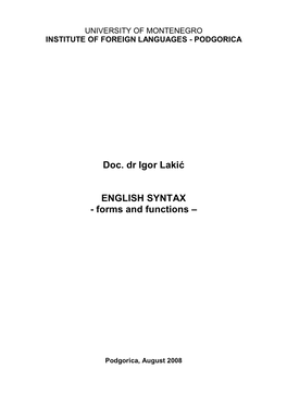 Doc. Dr Igor Lakić ENGLISH SYNTAX