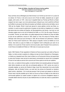 Yvain De Galles: Chevalier De France Et Prince Gallois Texte De La Conférence Du Dr Antony D