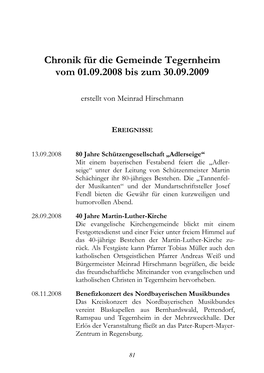 Chronik Für Die Gemeinde Tegernheim Vom 01.09.2008 Bis Zum 30.09.2009