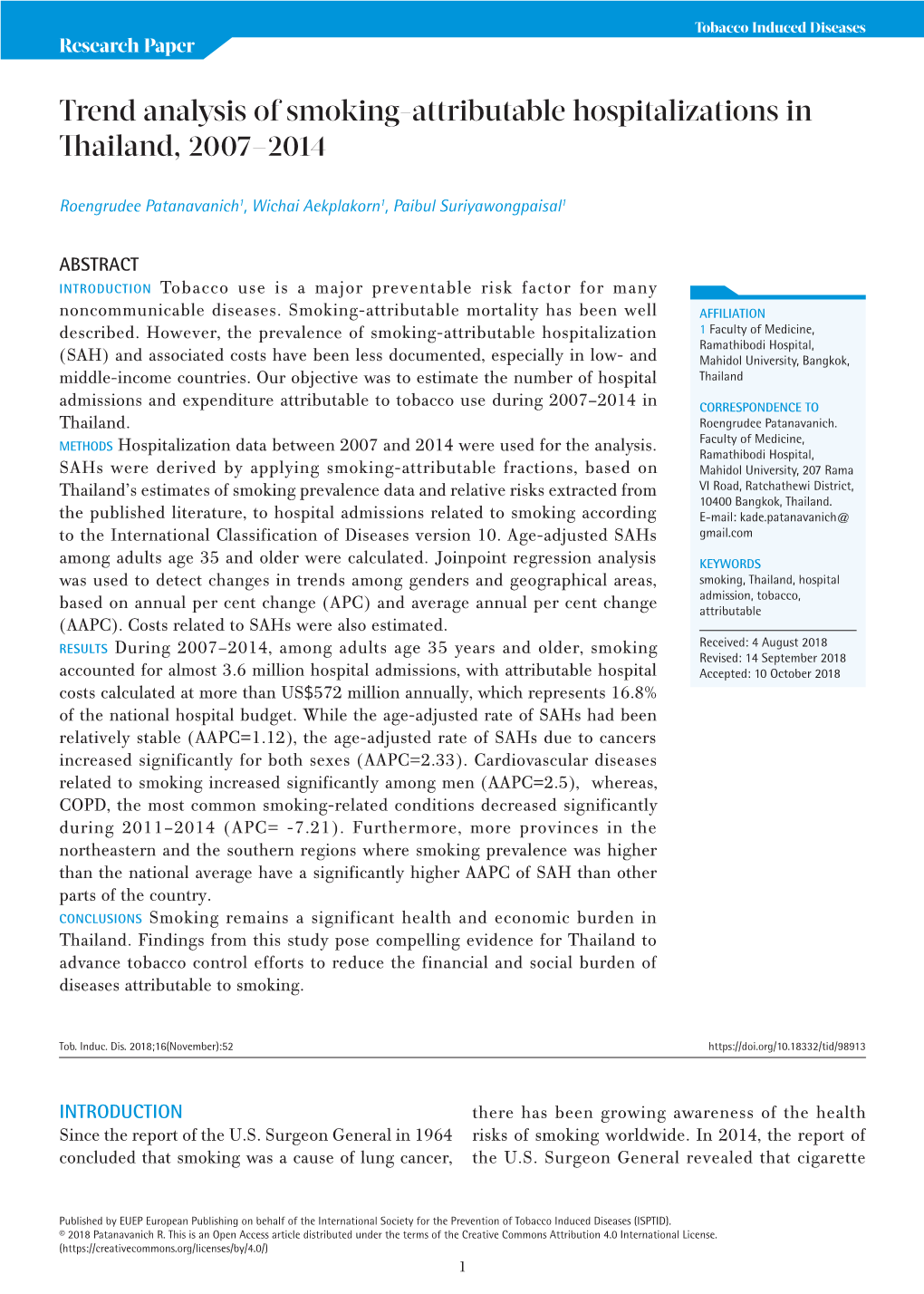 Trend Analysis of Smoking-Attributable Hospitalizations in Thailand, 2007–2014