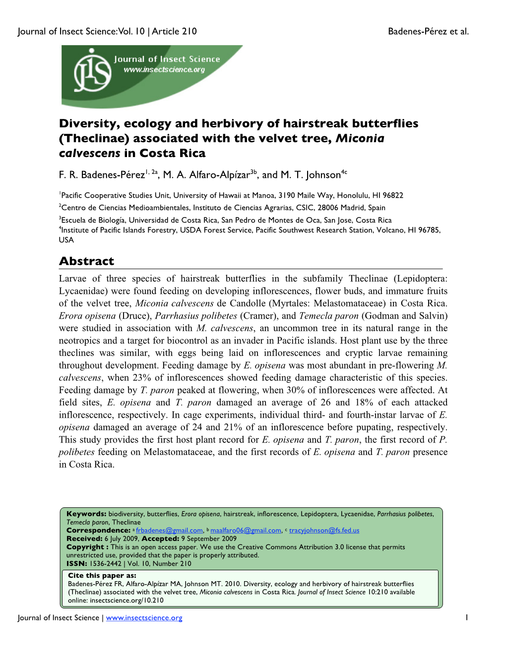 Diversity, Ecology and Herbivory of Hairstreak Butterflies (Theclinae) Associated with the Velvet Tree, Miconia Calvescens in Costa Rica