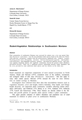 Rodent-Vegetation Relationships in Southeastern Montana