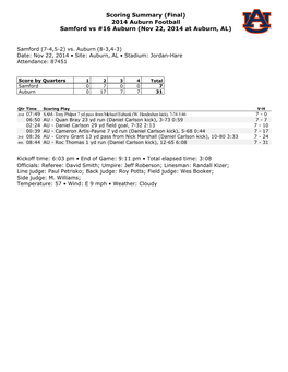 Scoring Summary (Final) 2014 Auburn Football Samford Vs #16 Auburn (Nov 22, 2014 at Auburn, AL)