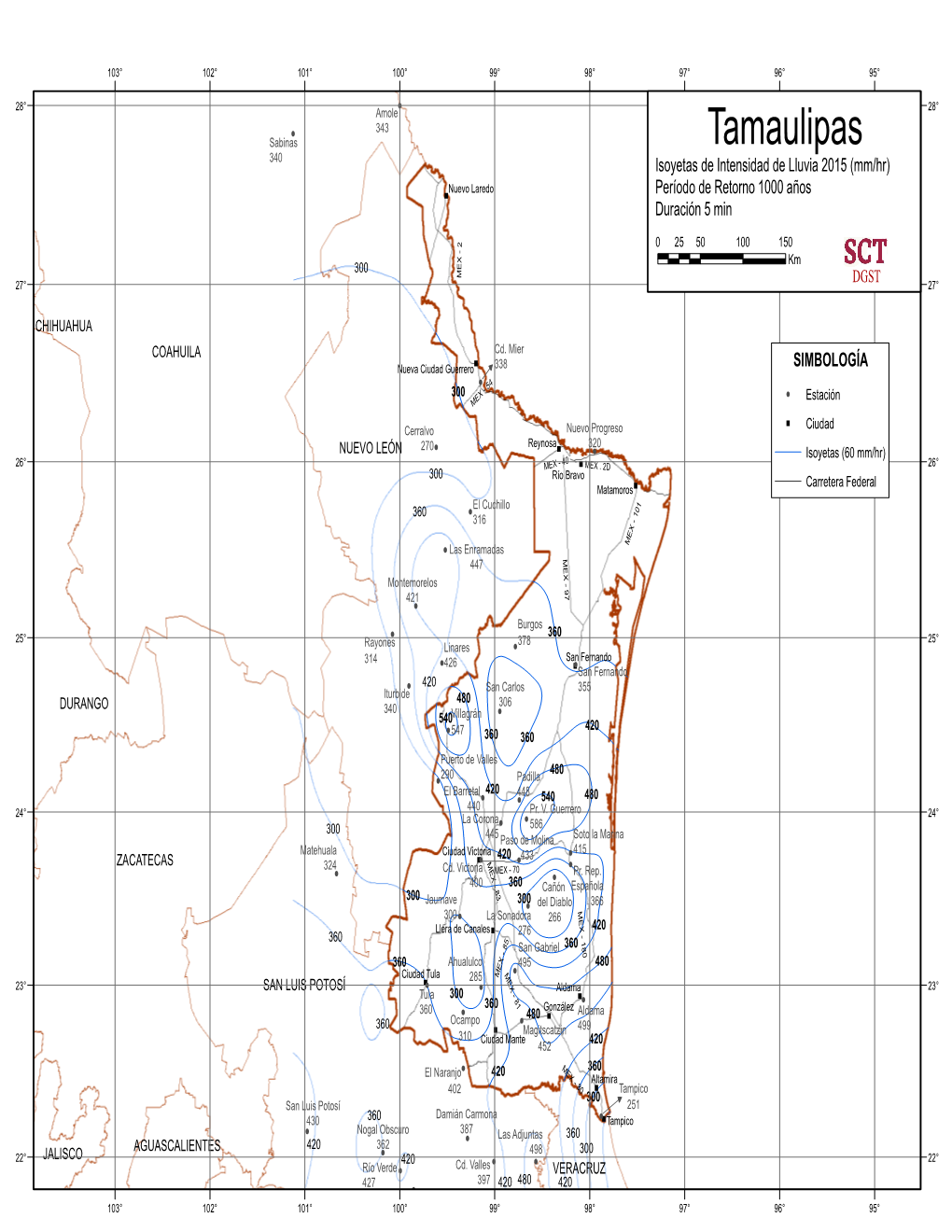 Tamaulipas 340 Isoyetas De Intensidad De Lluvia 2015 (Mm/Hr)