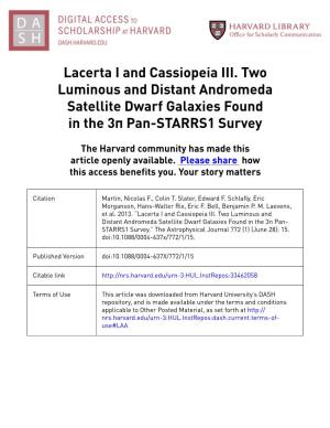 Lacerta I and Cassiopeia III. Two Luminous and Distant Andromeda Satellite Dwarf Galaxies Found in the 3Π Pan-STARRS1 Survey